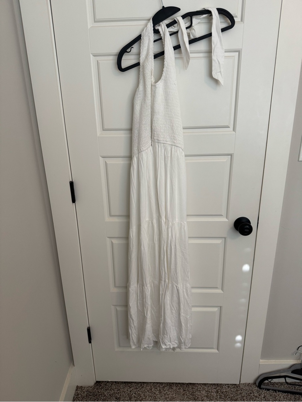 Smocked Halter White Maxi Dress with Tie Neck